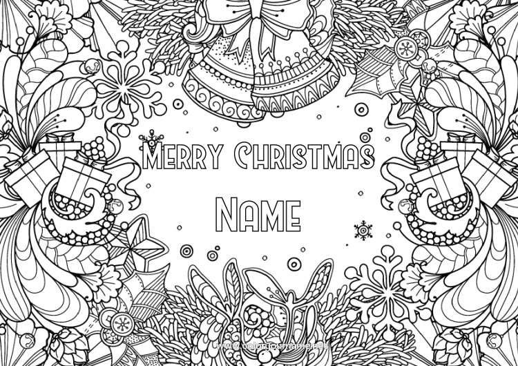 Coloring page to print Gifts Christmas Bell Holly Complex coloring pages “Merry Christmas” message Frame Decorative background