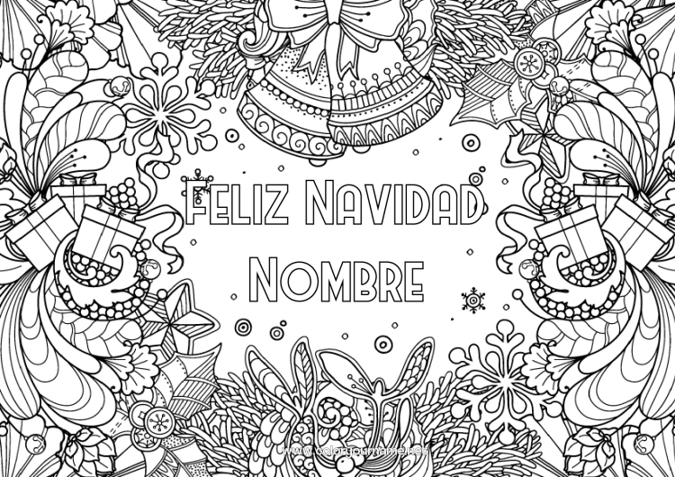 Dibujo para colorear para imprimir Regalos Navidad Campana Acebo Dibujos complejos para colorear Mensaje “Feliz Navidad”