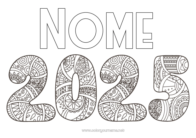 Página de desenho para imprimir Feliz Ano Novo Zentangle 2025