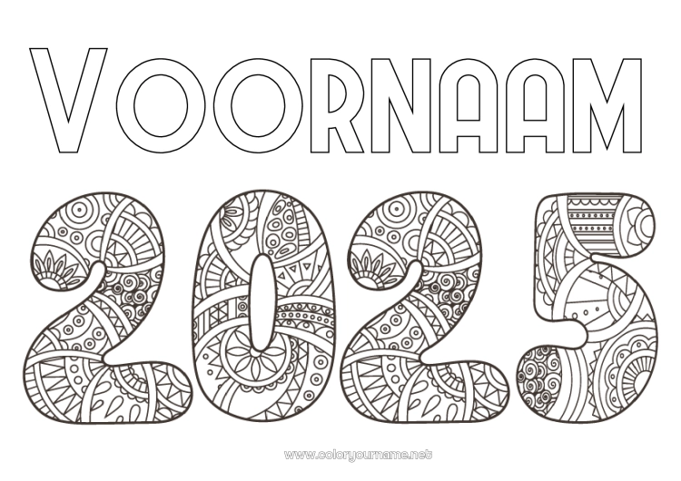 Kleurplaat om af te drukken Gelukkig Nieuwjaar Zentangle 2025