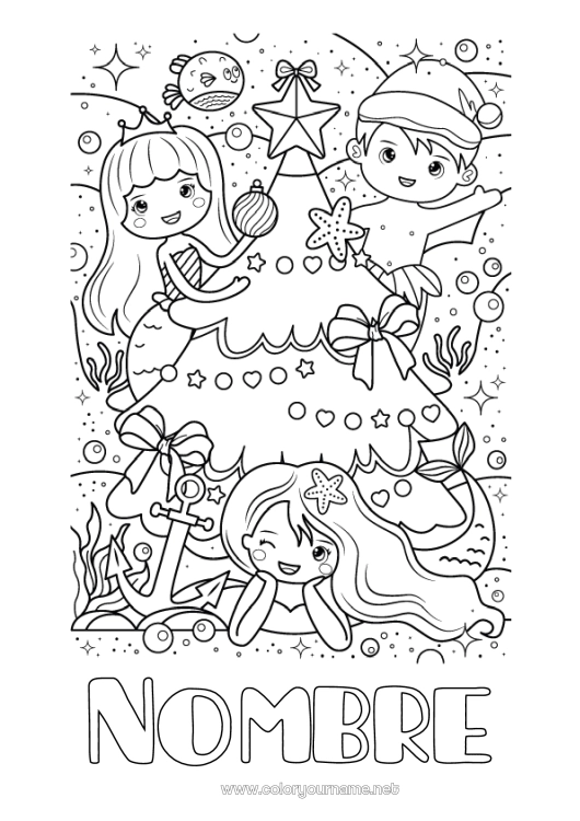 Dibujo para colorear para imprimir árbol de Navidad Navidad Mar Sirena