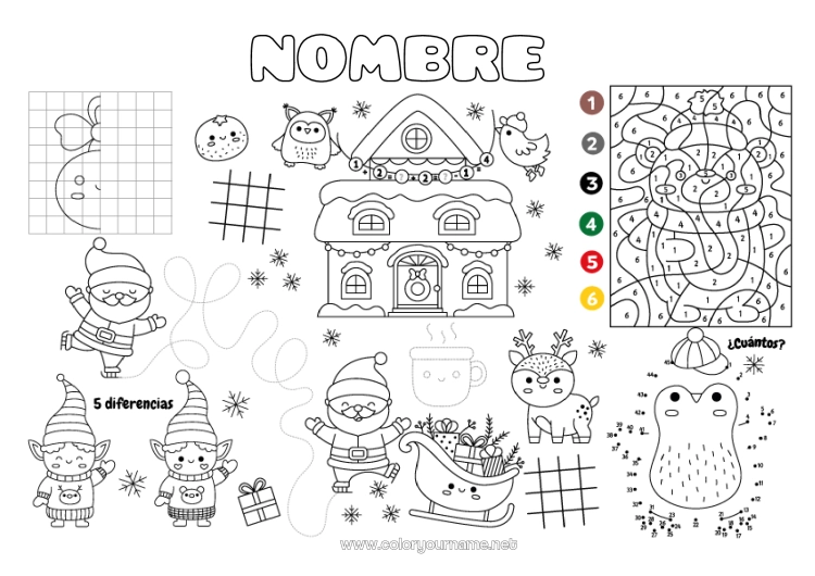 Dibujo para colorear para imprimir Papá Noel Trineo Elfos de navidad Navidad Número Colorear por números Actividades para niños Une los puntos Buscar y encontrar Laberinto Simetría Mantel individual para imprimir