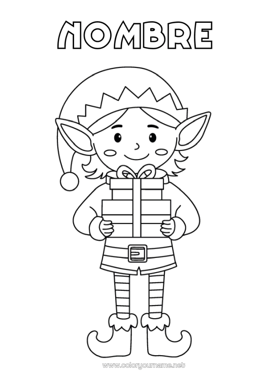 Dibujo para colorear para imprimir Regalos Elfos de navidad Dibujos de Elfos para colorear