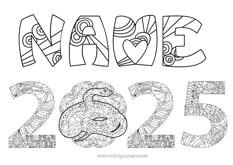 Coloring page to print Happy new year Chinese New Year Snake Zentangle Reptiles 2025