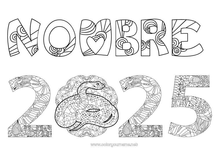 Dibujo para colorear para imprimir Feliz año Año Nuevo chino Serpiente Zentangle Reptiles 2025