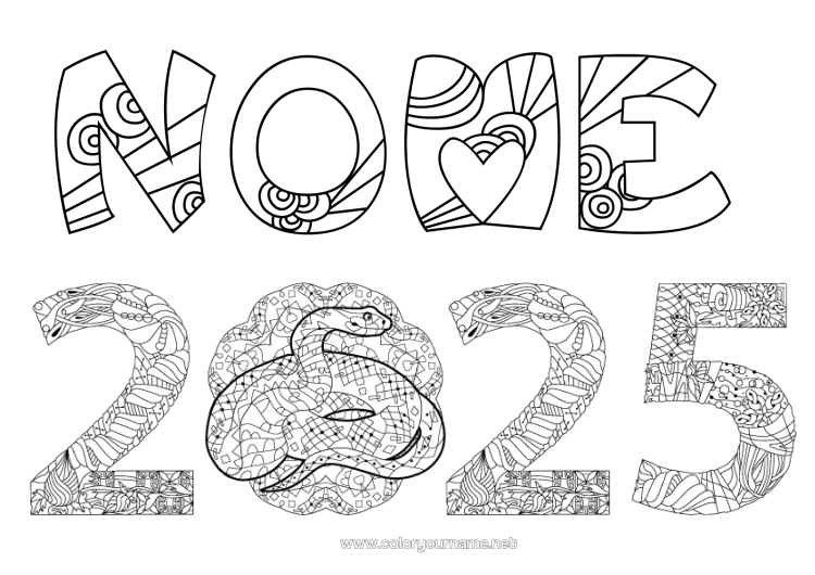 Página de desenho para imprimir Feliz Ano Novo Ano Novo Chinês Serpente Zentangle Répteis 2025