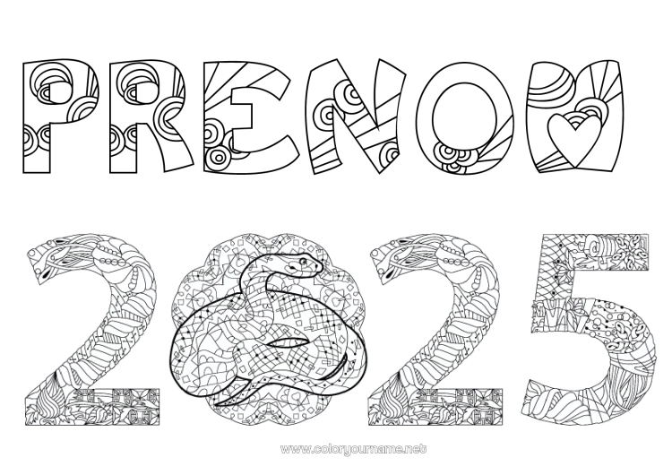 Coloriage à imprimer Bonne année Nouvel An chinois Serpent Zentangle Reptiles 2025