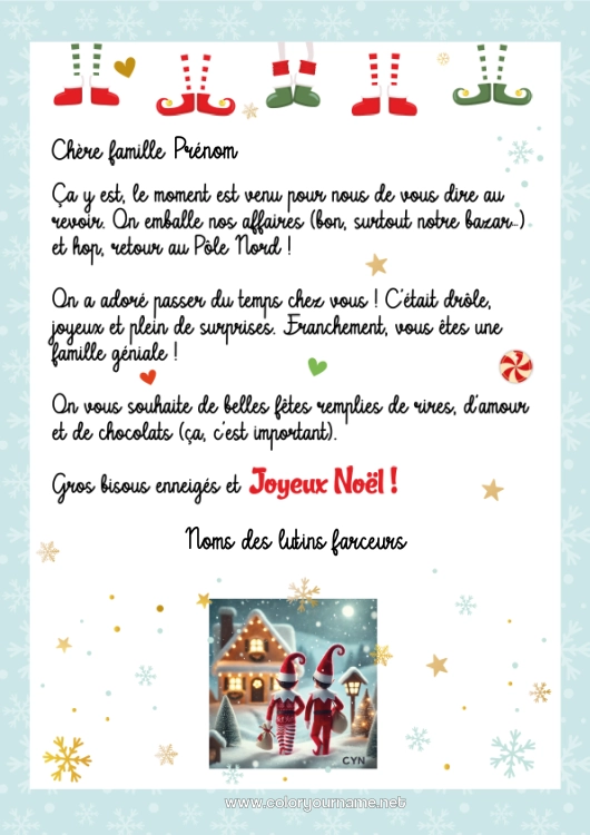 Coloriage à imprimer Lutins de Noël Lettres de lutins farceurs Lettre de départ, aurevoir lutin