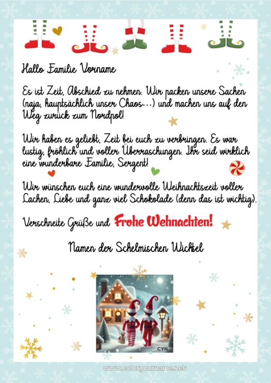 Malvorlage zum Ausdrucken Weihnachtself Elfenstreiche-Briefe Elf Abschiedsbrief