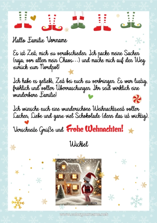 Malvorlage zum Ausdrucken Weihnachtself Elfenstreiche-Briefe Elf Abschiedsbrief