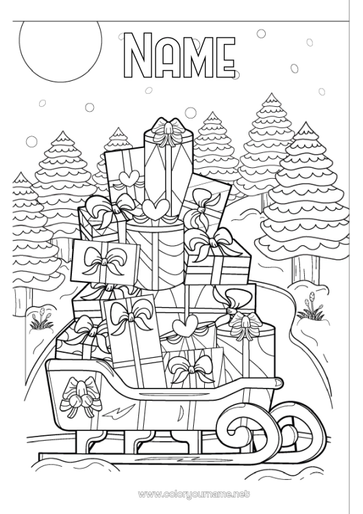 Coloring page to print Snow Gifts Sleigh Christmas Snowflakes Fir