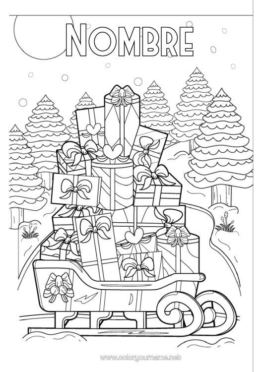 Dibujo para colorear para imprimir Nieve Regalos Trineo Navidad Copos de nieve Abeto