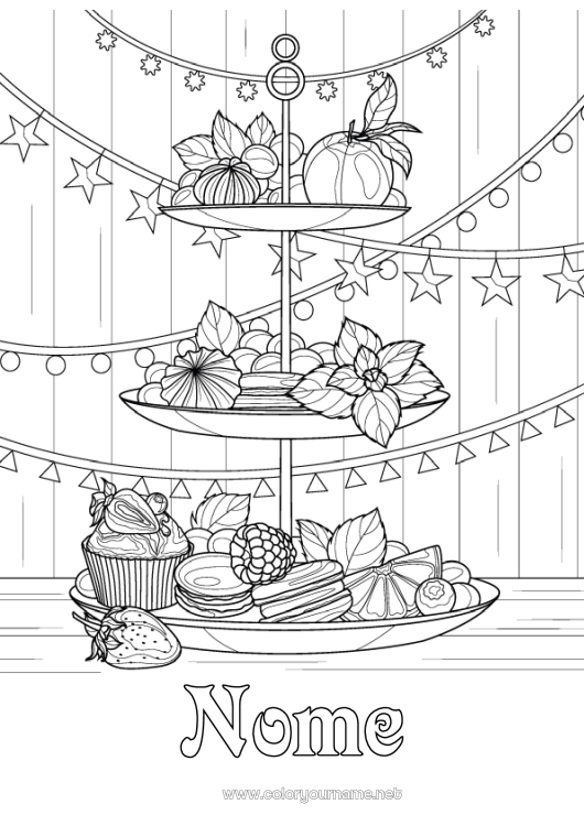 Página de desenho para imprimir Festa Comida Frutas Guloseimas, doces Cupcake Macaron