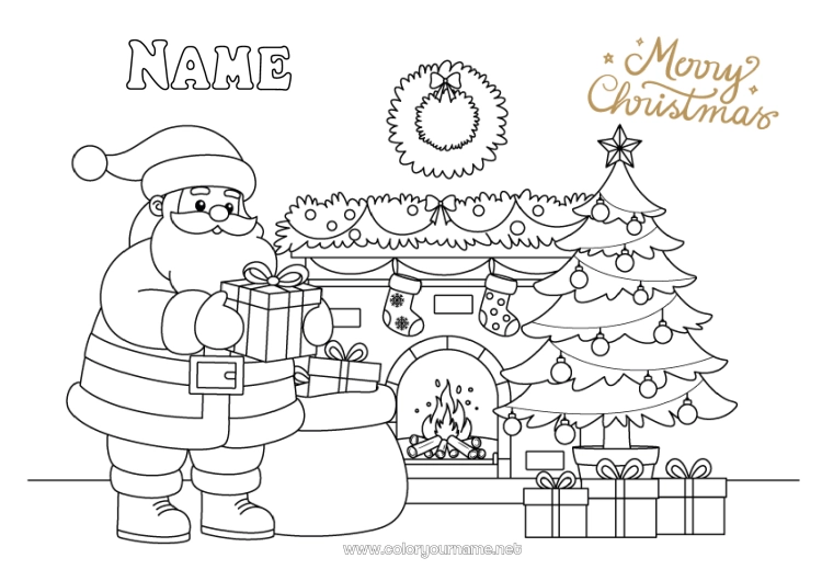 Coloring page to print Gifts Christmas tree Santa Claus Hood Chimney Crown Christmas stocking “Merry Christmas” message