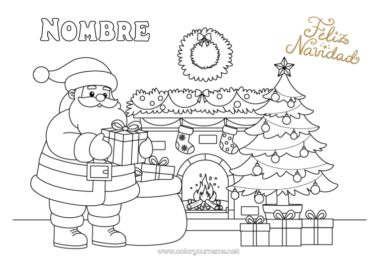 Dibujo para colorear para imprimir Regalos árbol de Navidad Papá Noel Capucha Chimenea Corona Calcetín de Navidad Mensaje “Feliz Navidad”