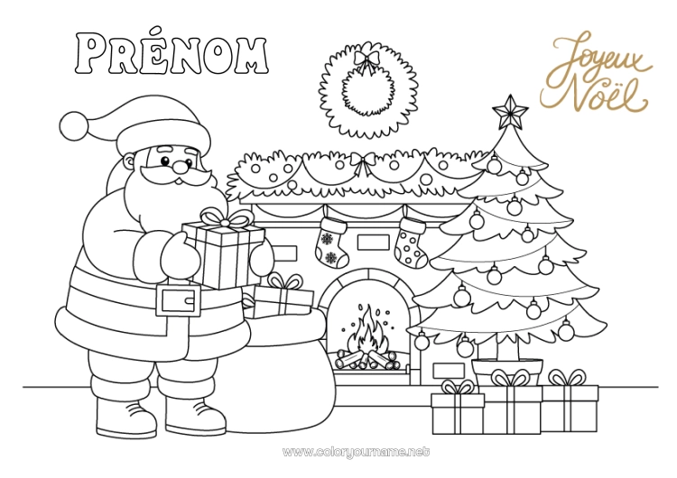 Coloriage à imprimer Cadeaux Sapin de Noël Père Noël Hotte Cheminée Couronne Chaussette de Noël 