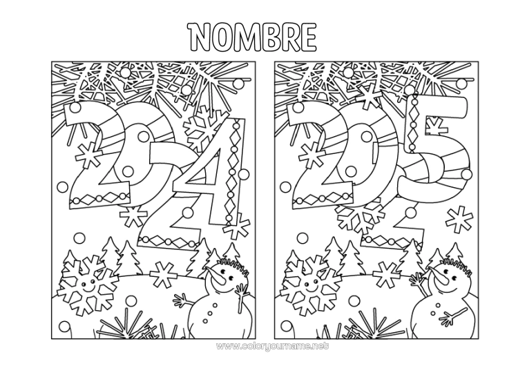 Dibujo para colorear para imprimir Feliz año Actividades para niños 2024 2025 Encuentra las Diferencias