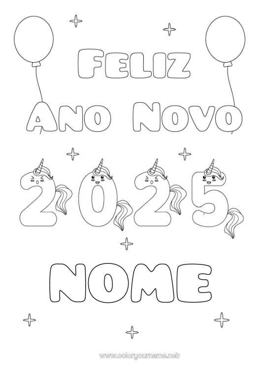 Página de desenho para imprimir Kawaii Unicórnio Feliz Ano Novo Animal Dragões, unicórnios e animais fantásticos 2025 Mensagem de 