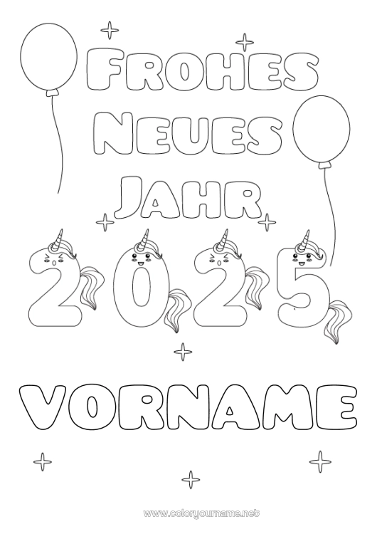 Malvorlage zum Ausdrucken Kawaii Einhorn Frohes Neues Jahr Tier Drachen, Einhörner und fantastische Tiere 2025 Nachricht 