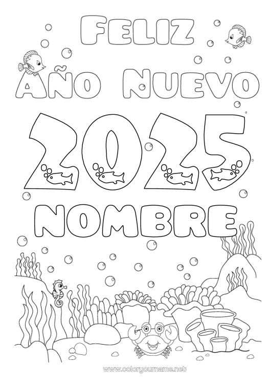 Dibujo para colorear para imprimir Mar Feliz año Pescado Caballo de mar Cangrejo Animales marinos o acuáticos 2025 Mensaje 