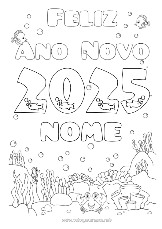 Página de desenho para imprimir Mar Feliz Ano Novo Peixe Cavalo-marinho Caranguejo Animais marinhos ou aquáticos 2025 Mensagem de 