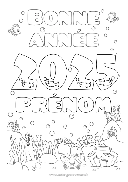 Coloriage à imprimer Mer Bonne année Poisson Hippocampe Crabe Animaux marins ou aquatique 2025 Message 