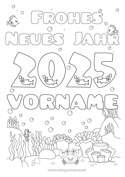 Malvorlage zum Ausdrucken Meer Frohes Neues Jahr Fisch Seepferdchen Krebs Meeres- oder Wasserlebewesen 2025 Nachricht 