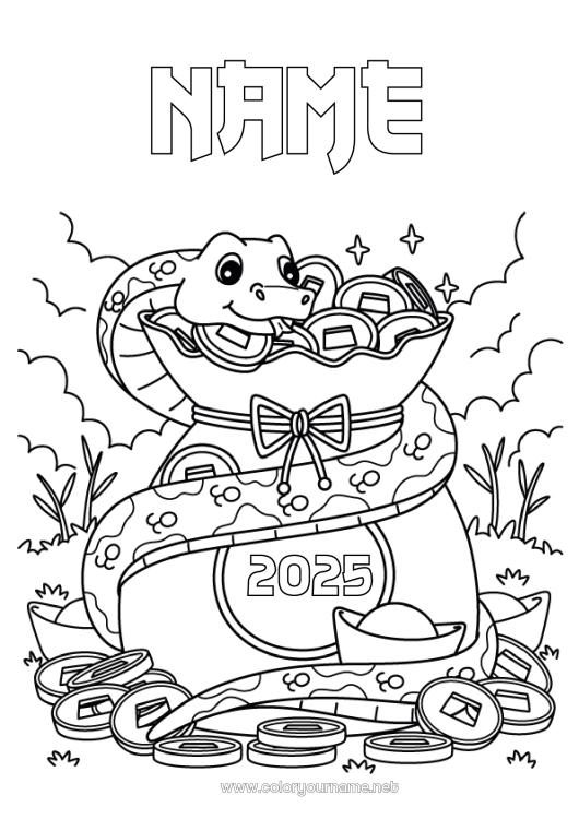 Coloring page to print Chinese New Year Snake Reptiles Treasure Currency coins 2025