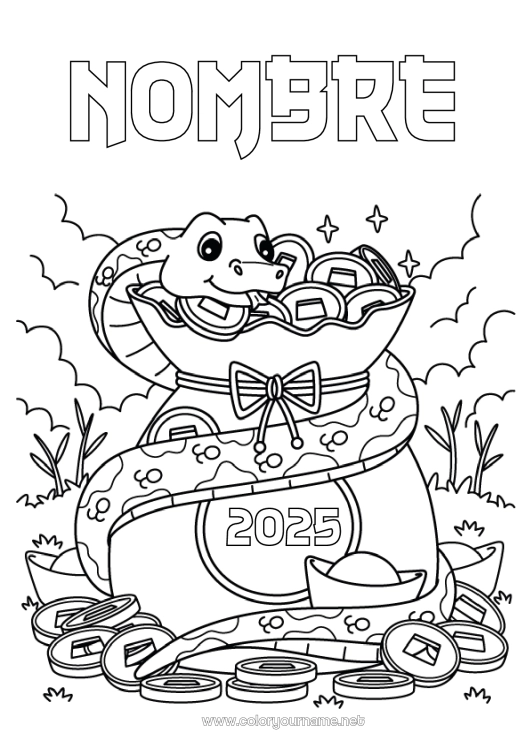 Dibujo para colorear para imprimir Año Nuevo chino Serpiente Reptiles Tesoro Monedas 2025