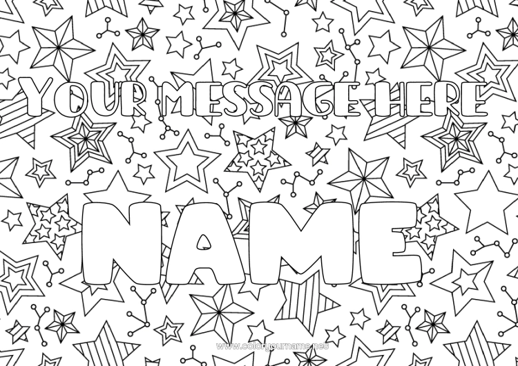 Coloring page to print Party Decorated name Space Stars Decorative background