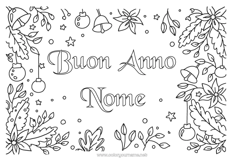 Pagina da colorare da stampare Fiori Buon Anno Stella di Natale Messaggio 