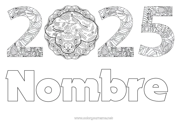 Dibujo para colorear para imprimir Feliz año Año Nuevo chino Serpiente Zentangle Reptiles 2025