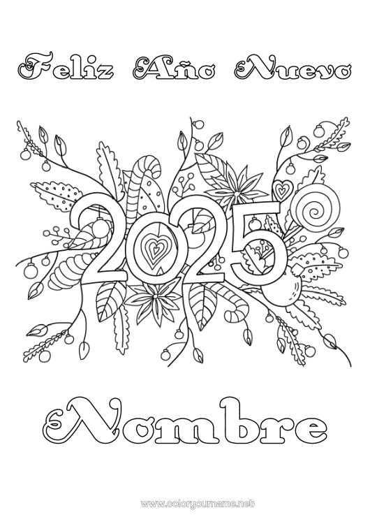 Dibujo para colorear para imprimir Flores Feliz año 2025