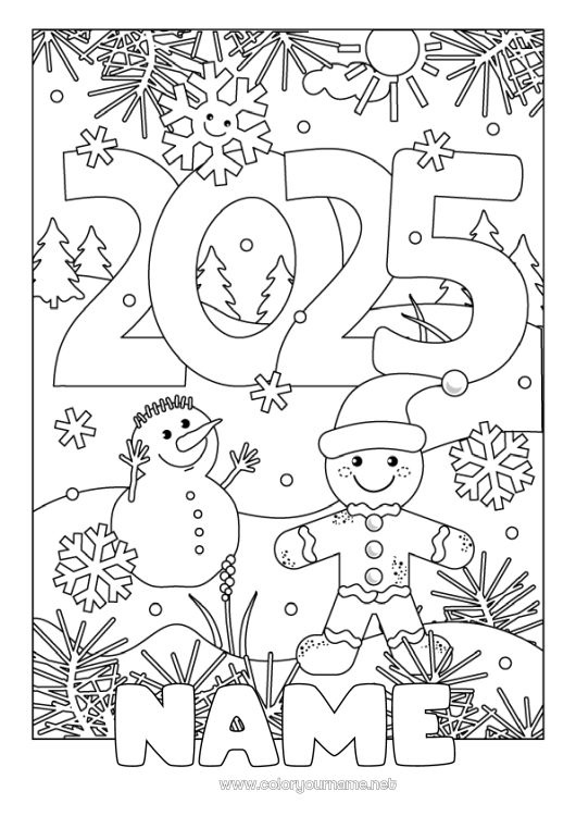 Coloring page to print Winter Snowman Gingerbread Snowflakes 2025