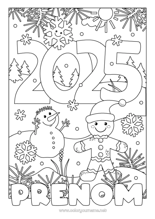 Coloriage à imprimer Hiver Bonhomme de neige Pain d'épices Flocons de neige 2025