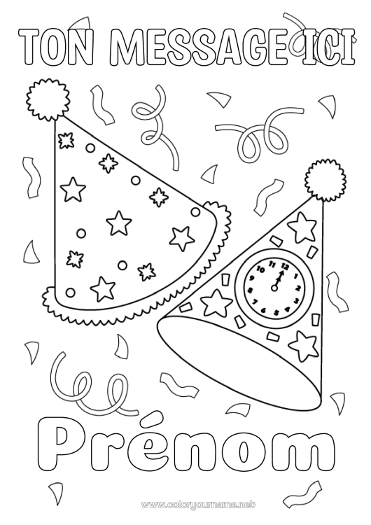 Coloriage à imprimer Anniversaire Bonne fête Fête Bonne année Chapeau Horloge