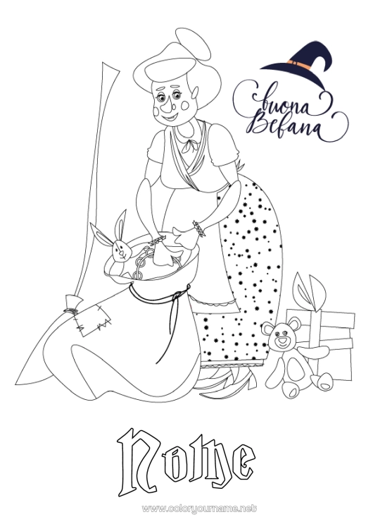 Página de desenho para imprimir Bruxa Epifania Befana