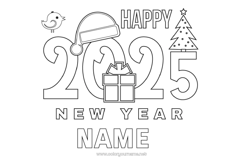 Coloring page to print Happy new year 2025