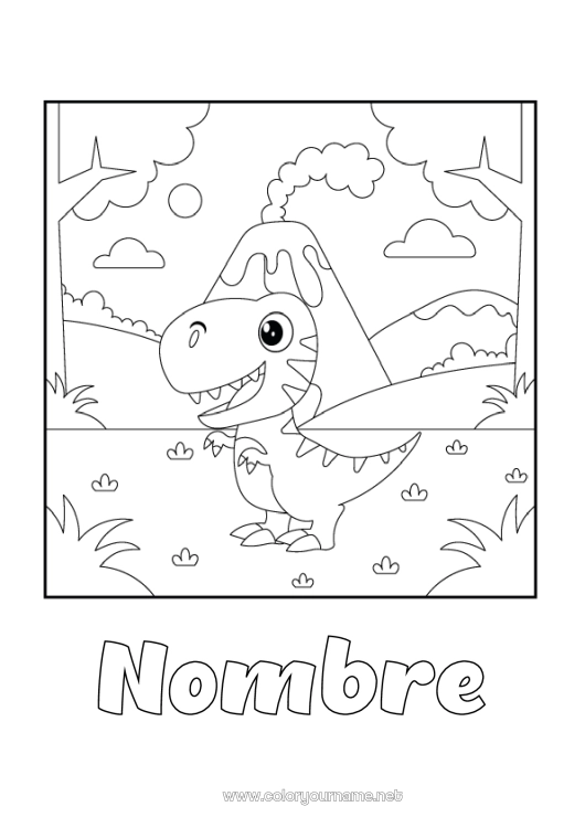 Dibujo para colorear para imprimir Dinosaurios Volcán Animales Tiranosaurio