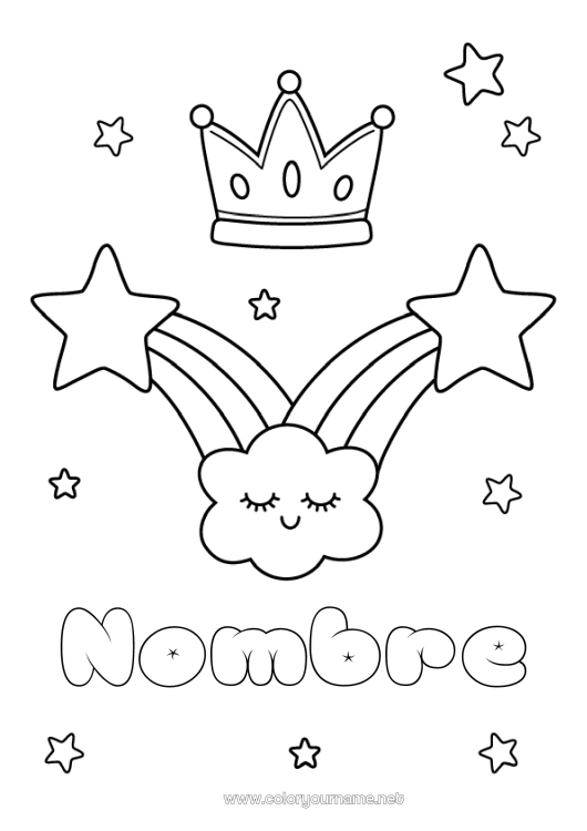 Dibujo para colorear para imprimir Kawaii Corona Arcoíris Estrellas Dibujos fáciles para colorear