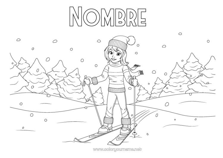 Dibujo para colorear para imprimir Sport Nieve Invierno Copos de nieve Esquí Deportes de Invierno Montaña