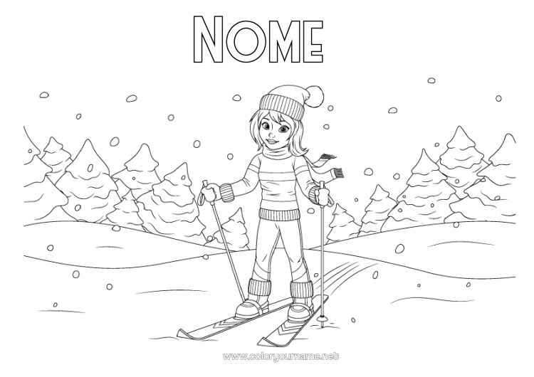 Página de desenho para imprimir Esporte Neve Inverno Flocos de neve Esqui Esportes de Inverno Montanha