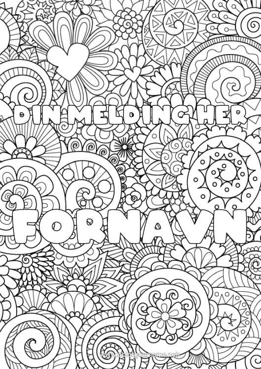 Fargeleggingssiden til utskrift Blomster Hjerte Dekorert navn Komplekse fargelegginger Zentangle Dekorativ bakgrunn Spiral