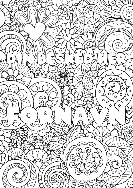 Farvelægningssiden til udskrivning Blomster Hjerte Dekoreret navn Komplekse farvelægninger Zentangle Dekorativ baggrund Spiral