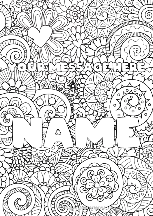 Coloring page to print Flowers Heart Decorated name Complex coloring pages Zentangle Decorative background Spiral