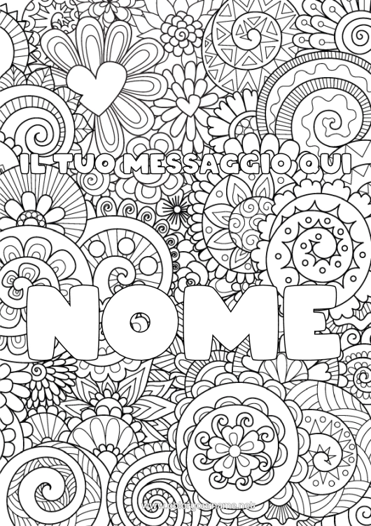 Pagina da colorare da stampare Fiori Cuore Nome decorato Colorazioni complesse Zentangle Sfondo decorativo Spirale