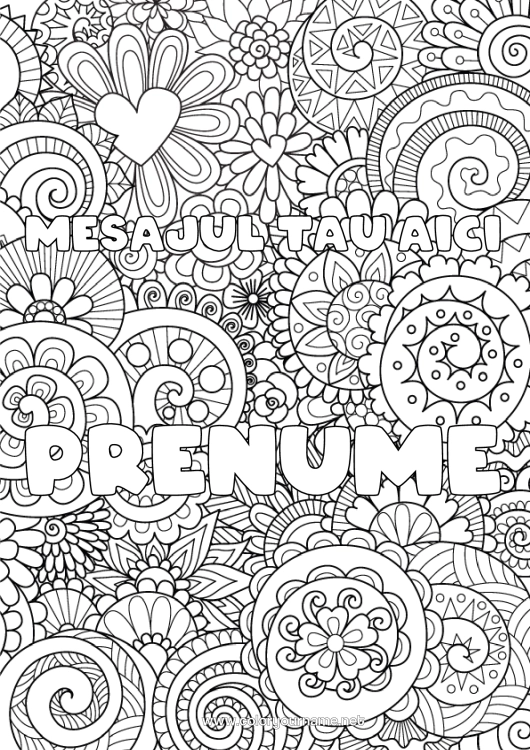 Pagină de colorat de imprimat Flori Inimă Nume decorat Desene de colorat complexe Zentangle Fundal decorativ Spirală