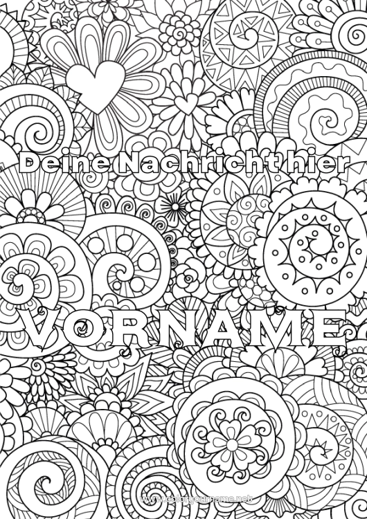 Malvorlage zum Ausdrucken Blumen Herz Dekorierter Name Komplexe Ausmalbilder Zentangle Dekorativer Hintergrund Spirale