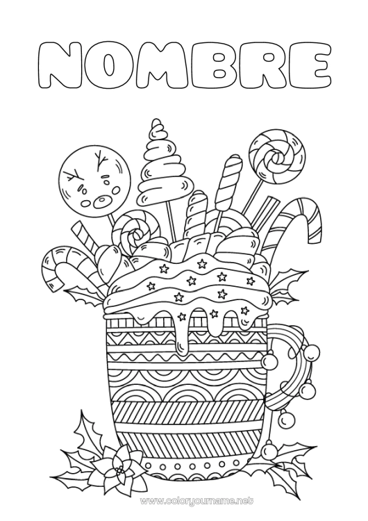 Dibujo para colorear para imprimir Bebidas Golosinas Zentangle Chupeta Malvaviscos Bizcocho en taza