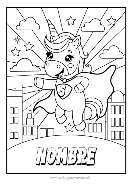 Dibujo para colorear para imprimir Unicornio Héroe Animales Dragones, unicornios y animales fantásticos Paisaje urbano Insignia Super